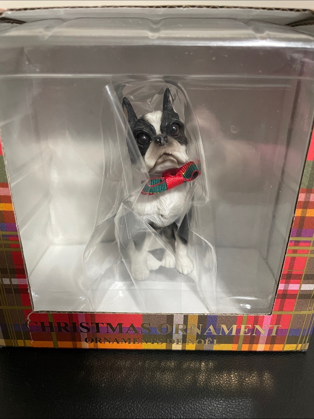 New In Box Sandicast Boston Terrier Christmas Ornament